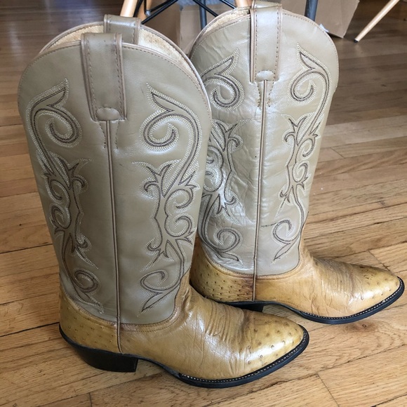 Cowboy boots 9.5/10 women 8D mens tan beige ostrich vintage - Picture 2 of 8